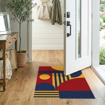 Bold Geometric Red Blue Yellow Area Rug