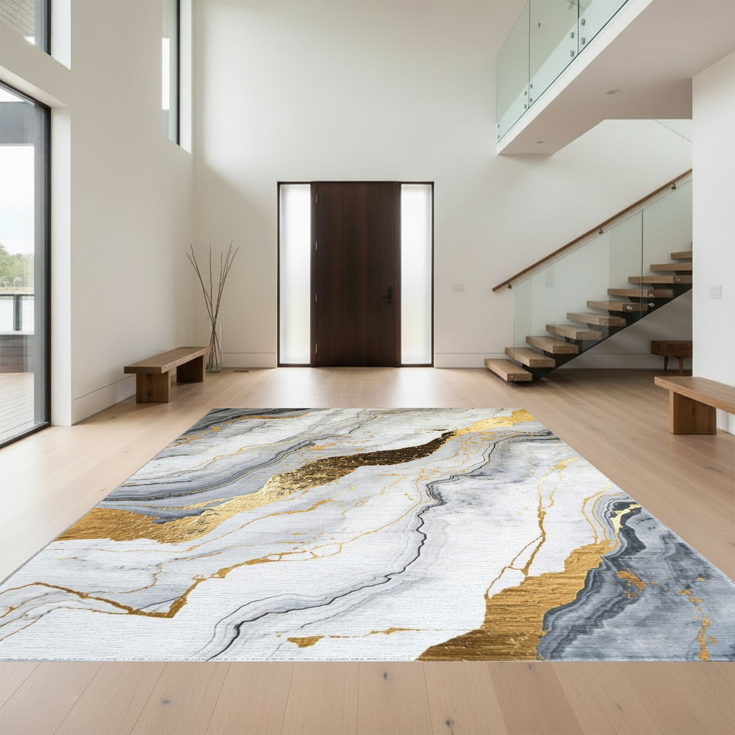Gold Veined Gray Marble Rug