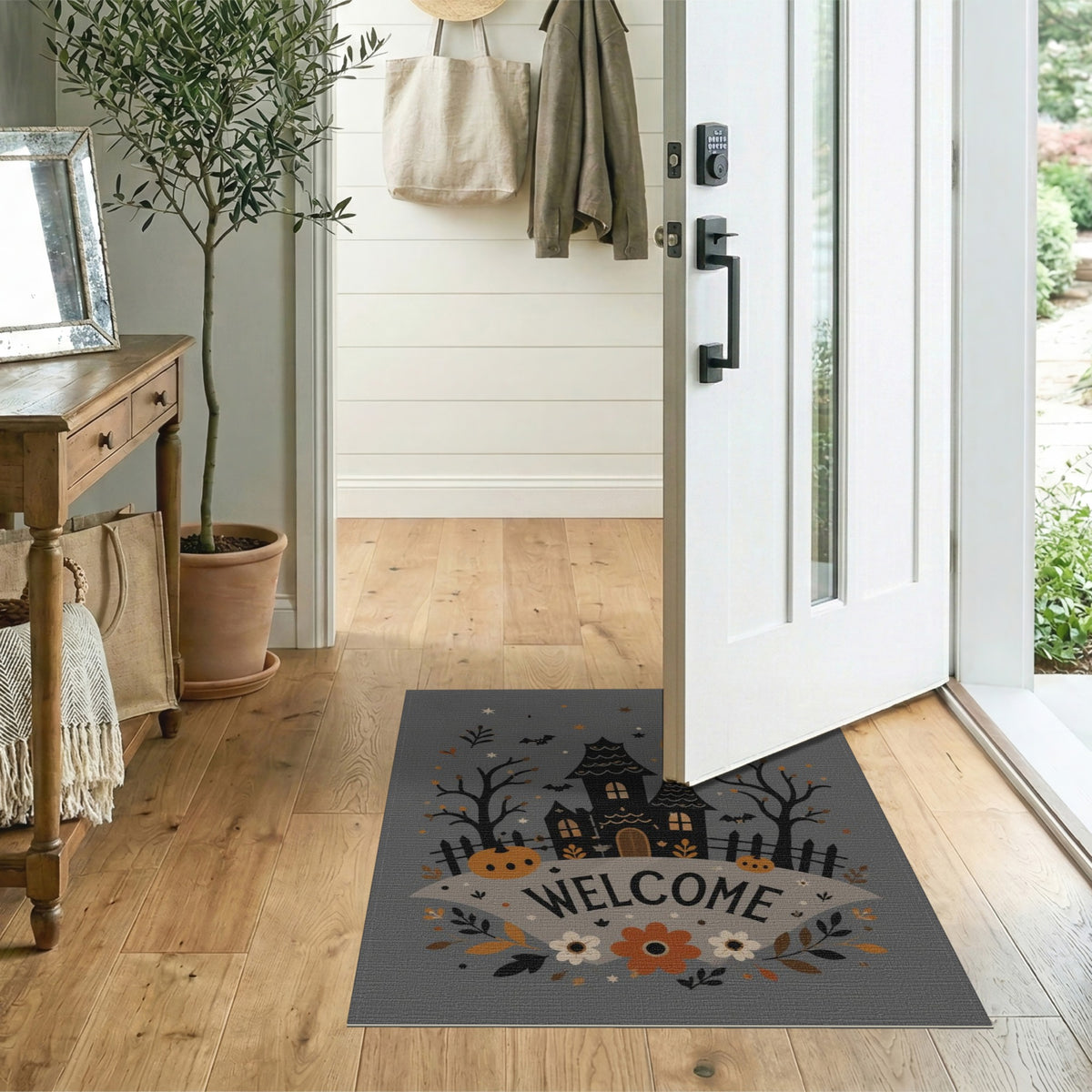 Halloween Haunted House Welcome Grey Rug