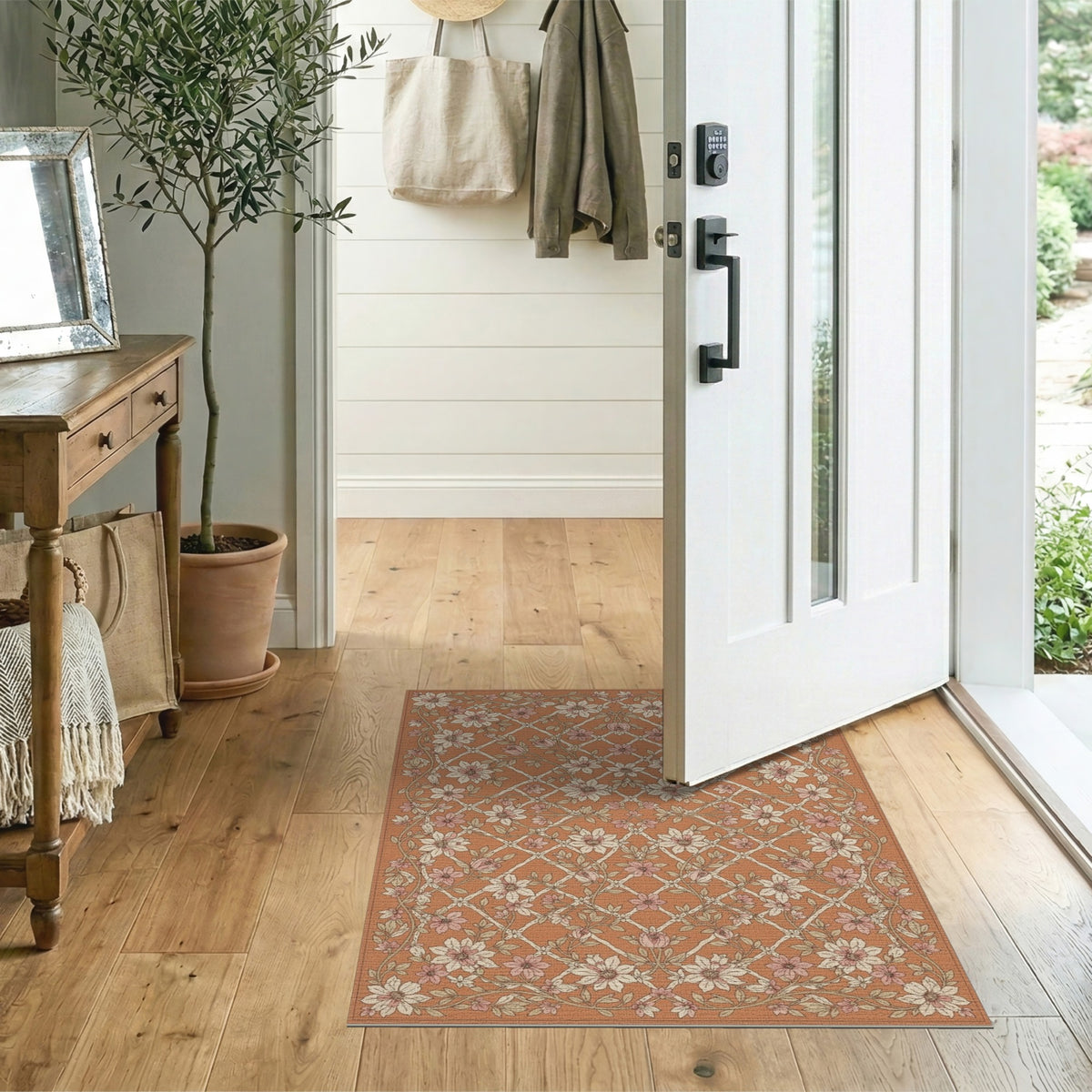 Orange Floral Lattice Vintage Area Rug