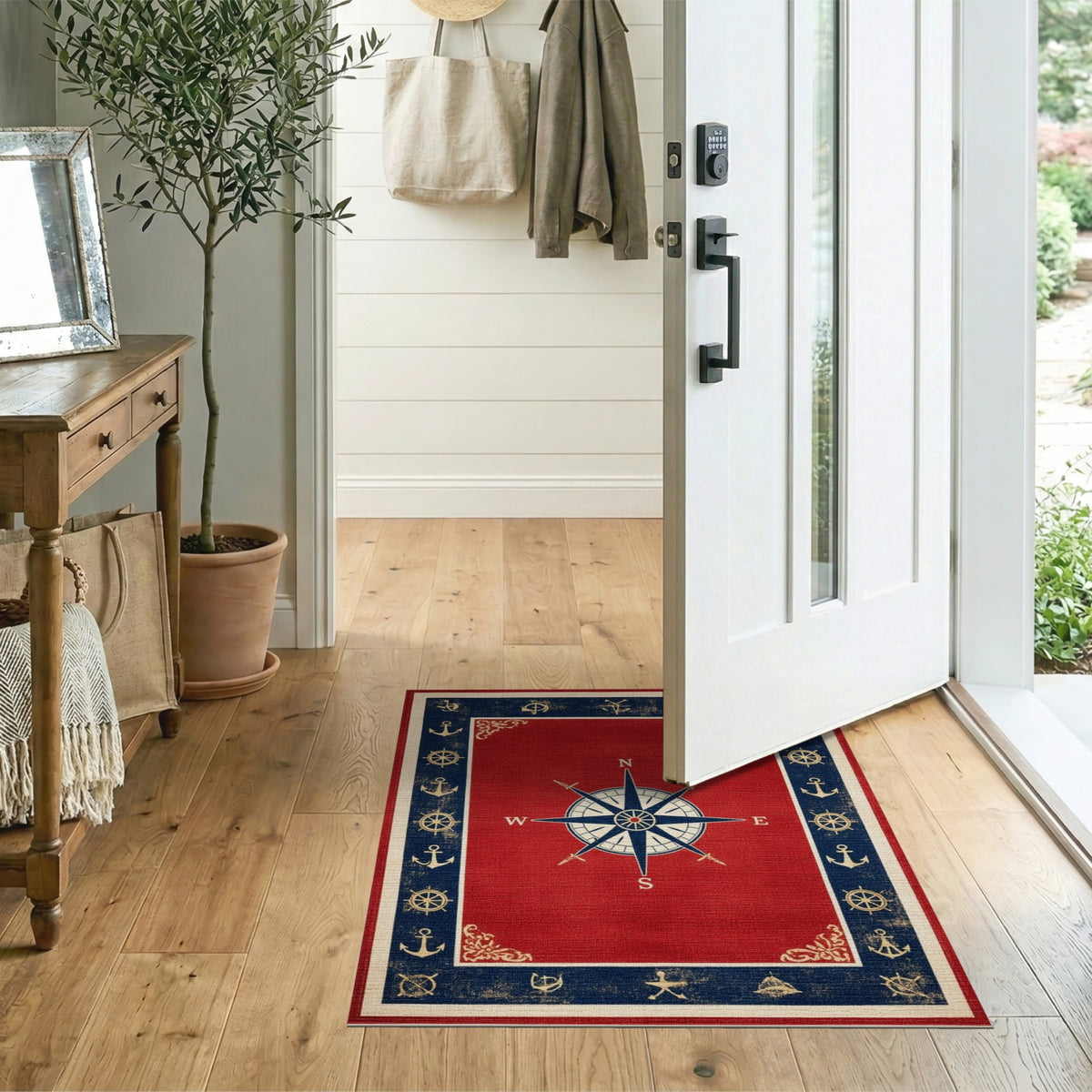 Red Nautical Compass Area Rug with Anchors