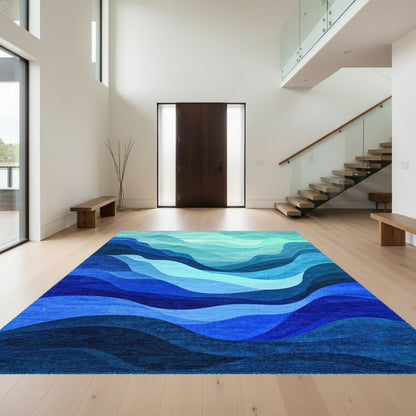 Teal Blue Layered Wave Rug