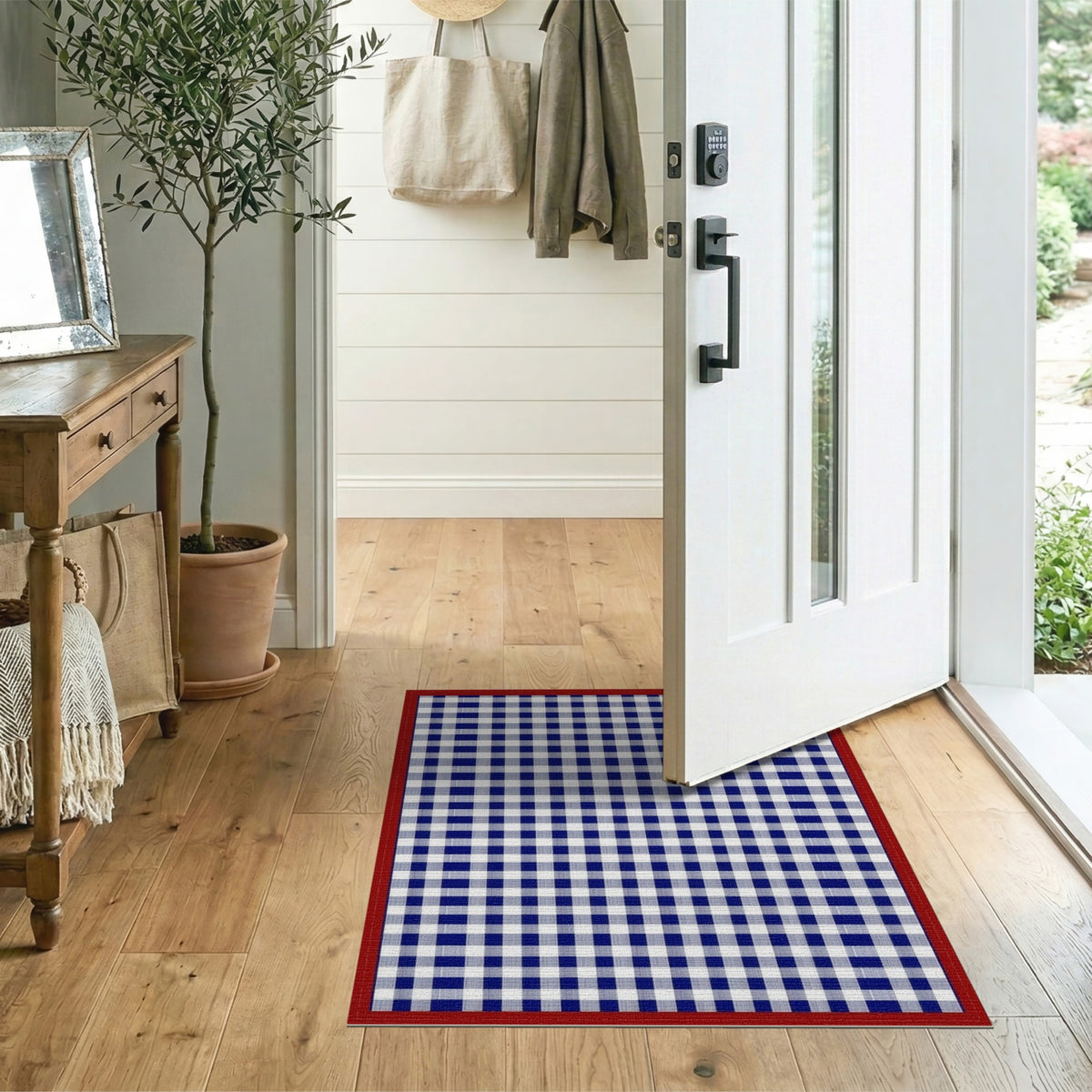 Navy Blue Checkered Rug with Red Border