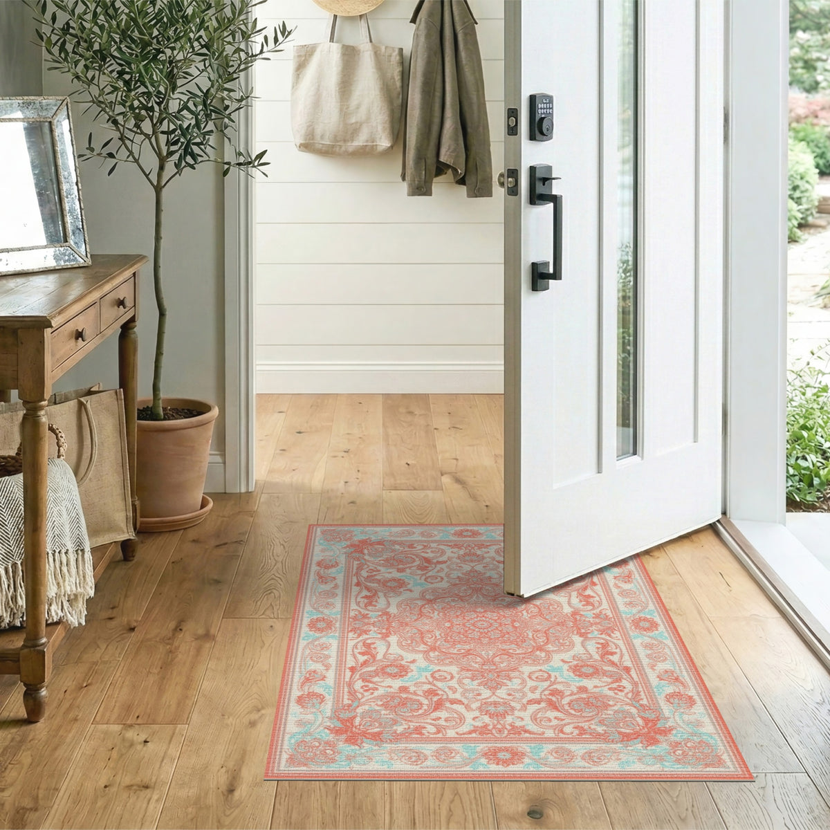 Coral and Teal Floral Medallion Area Rug