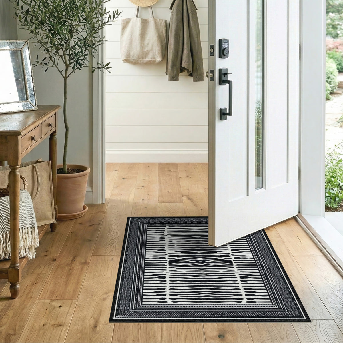 Black White Abstract Stripe Area Rug
