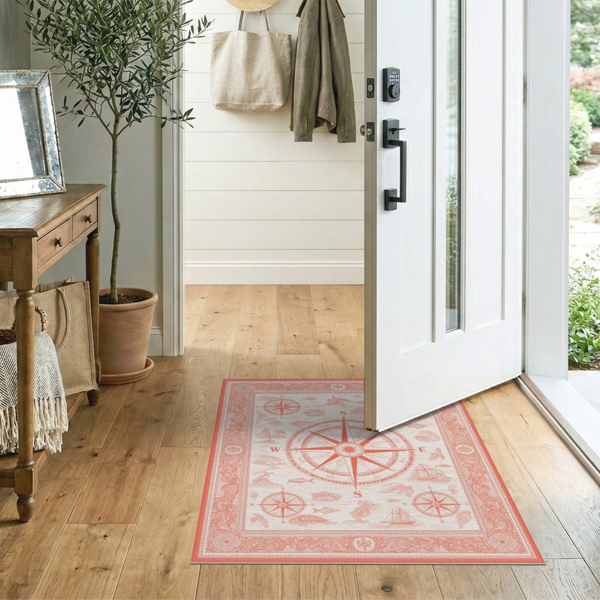 Red Vintage Compass Nautical Area Rug