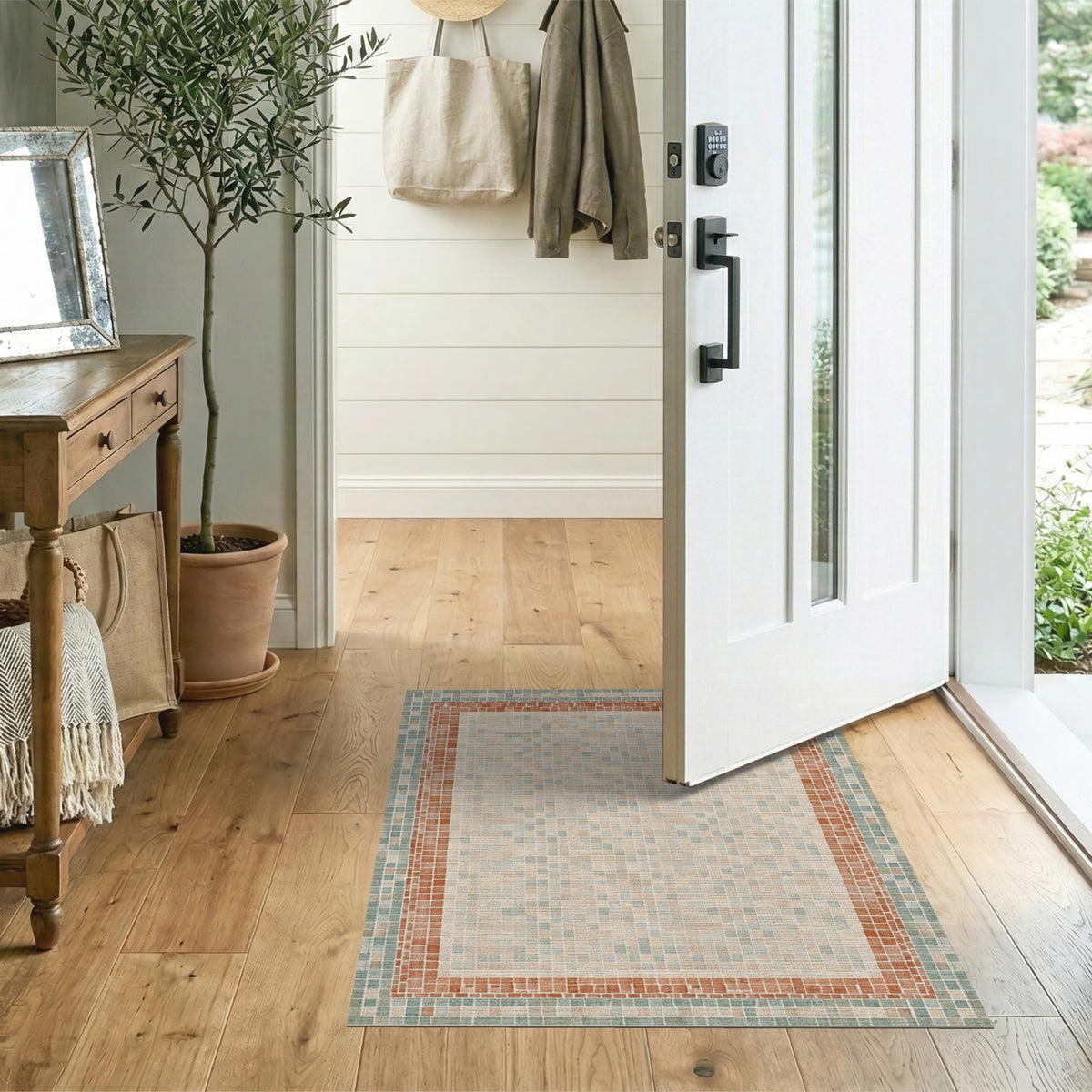 Beige Mosaic Tile Area Rug with Terracotta Border