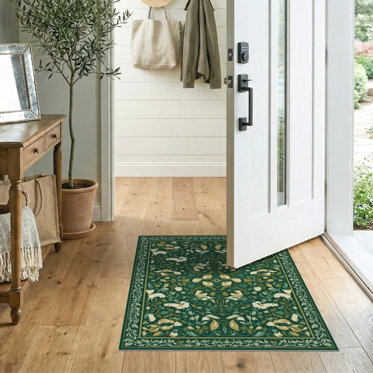 Green Floral Vintage Wildlife Area Rug