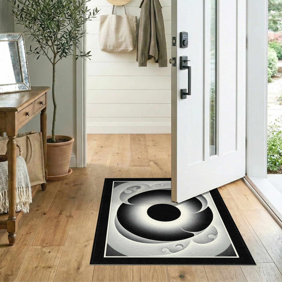Black White Geometric Vortex Area Rug