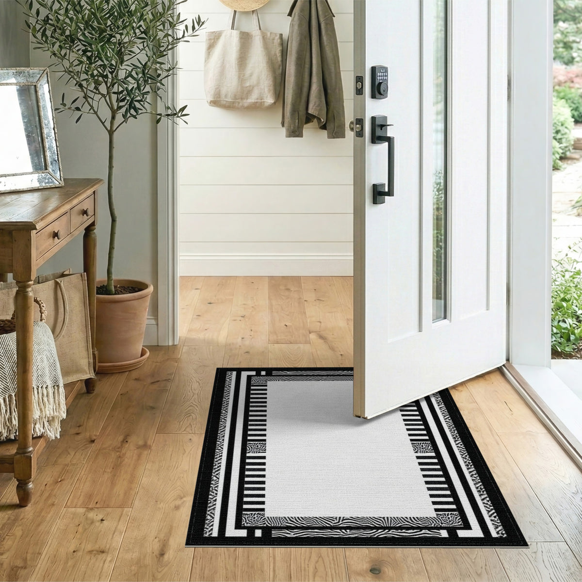 Black White Geometric Zebra Border Rug