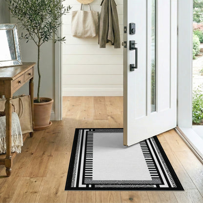 Black White Geometric Zebra Border Rug
