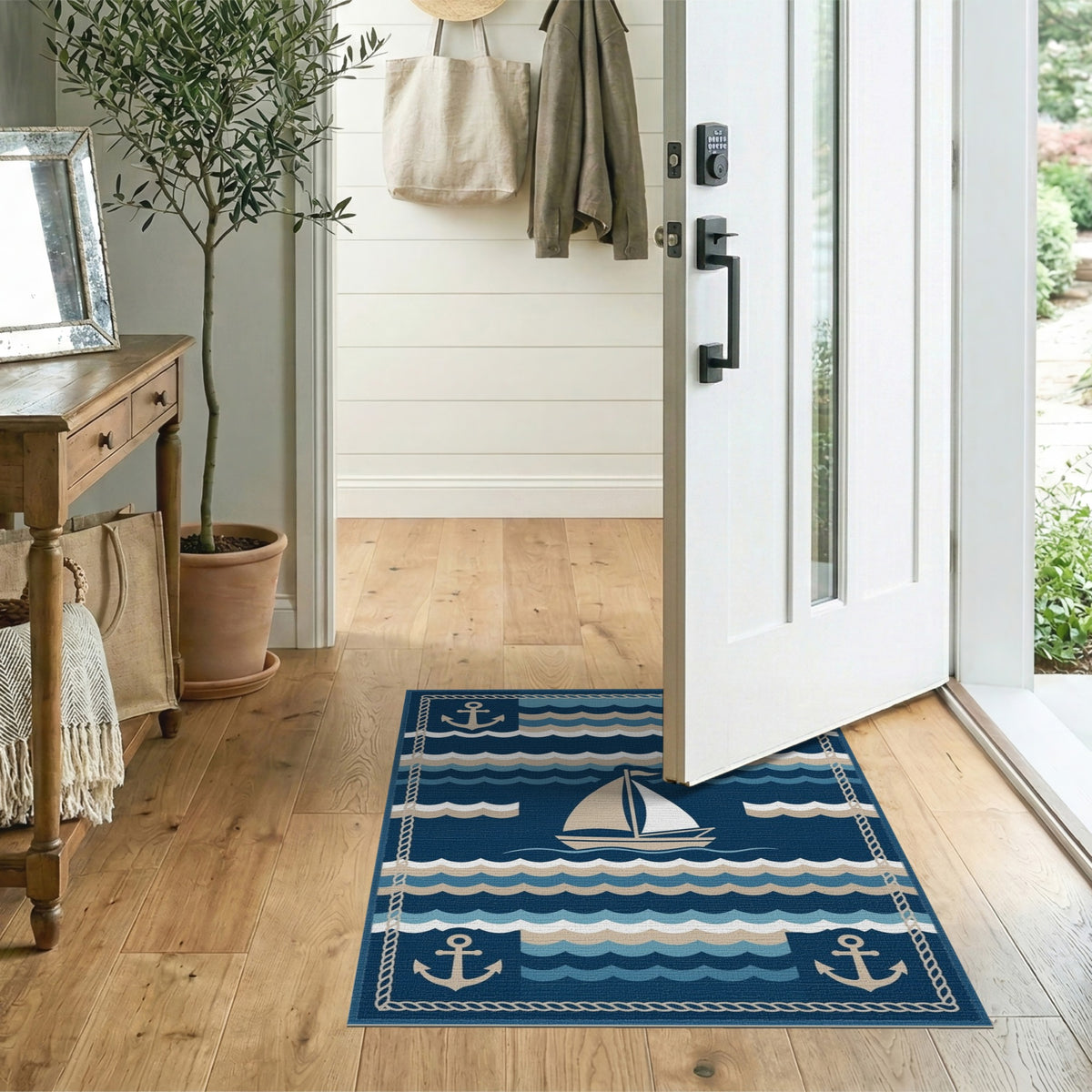 Navy Blue Sailboat Anchor Coastal Area Rug