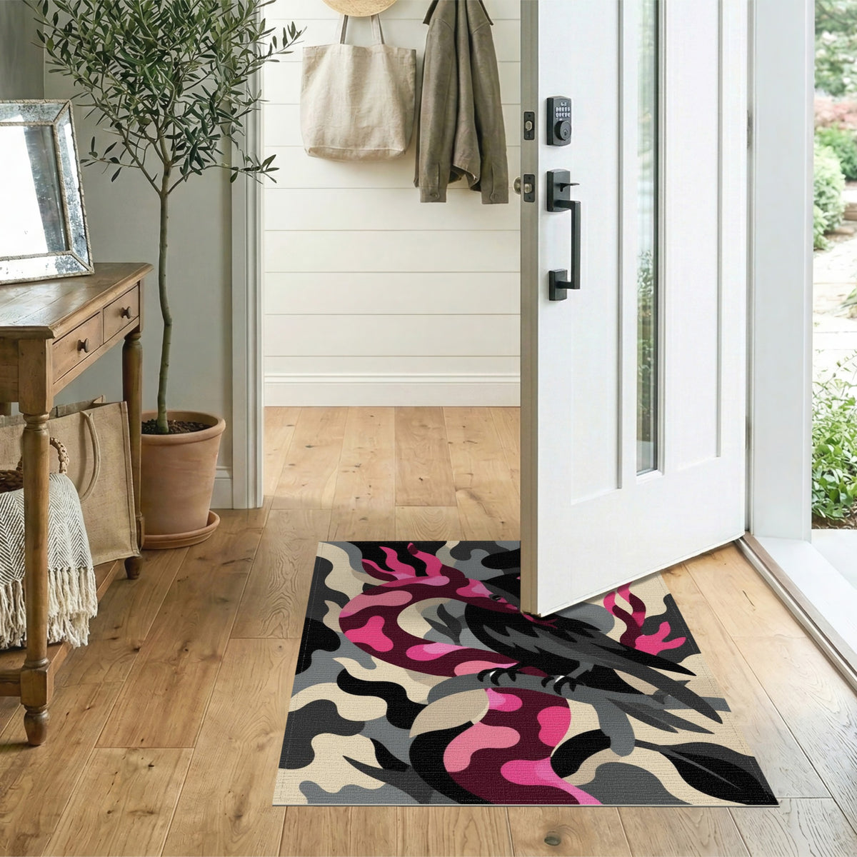 Pink Serpent Raven Abstract Area Rug