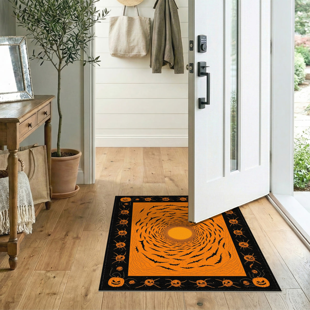 Spiral Bat Vortex Orange Halloween Area Rug