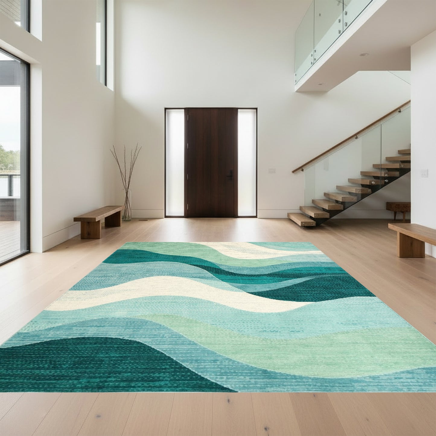 Teal Layered Waves Rug