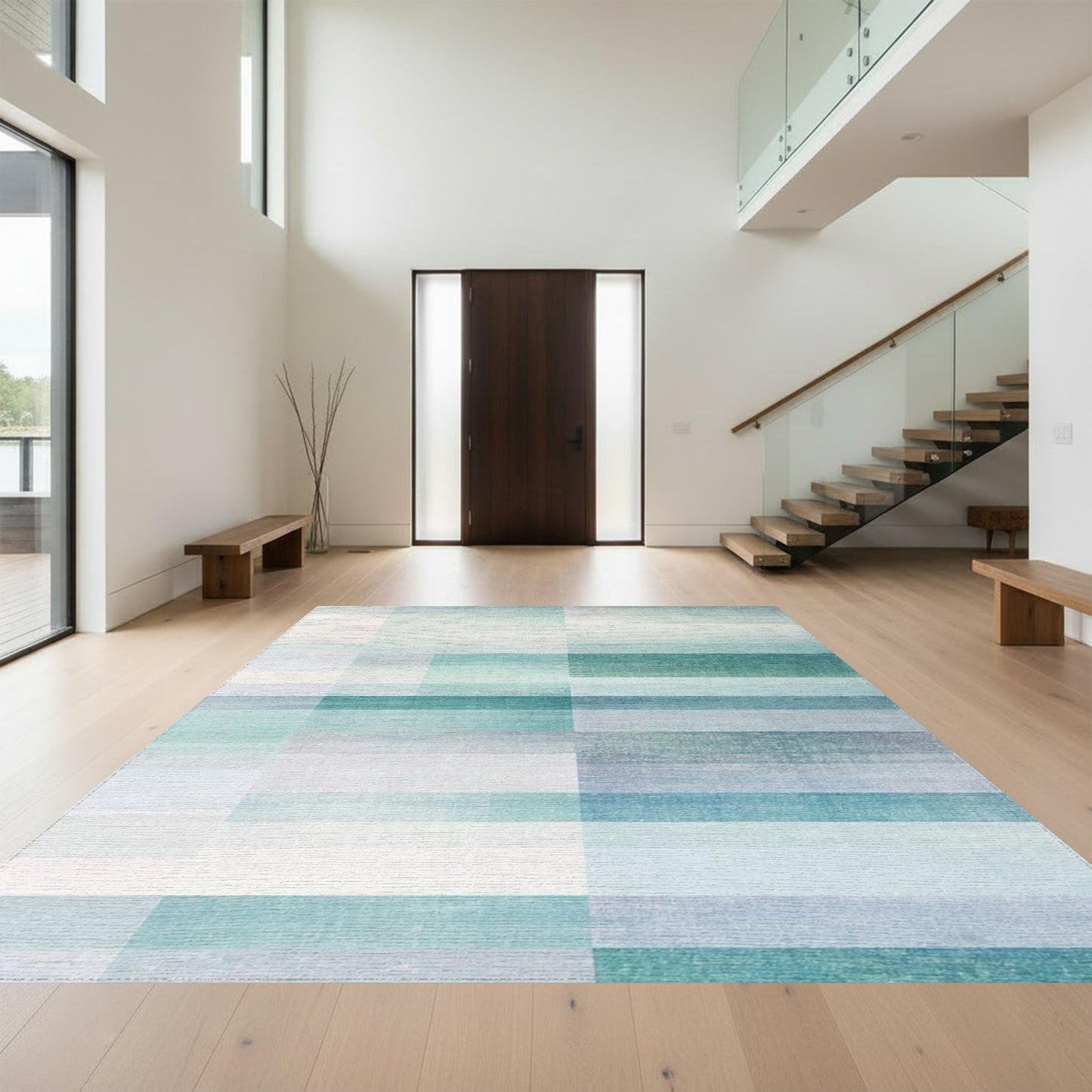 Teal Ombre Grid Rug