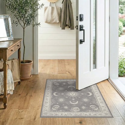 Grey Vintage Celestial Moon Sun Rug