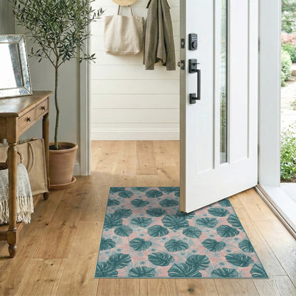 Pink Teal Monstera Washable Area Rug
