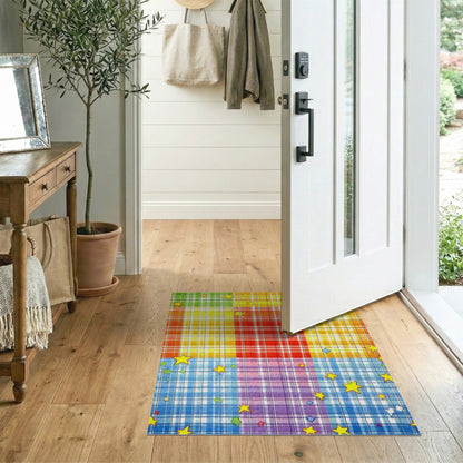 Rainbow Plaid Star Kids Area Rug