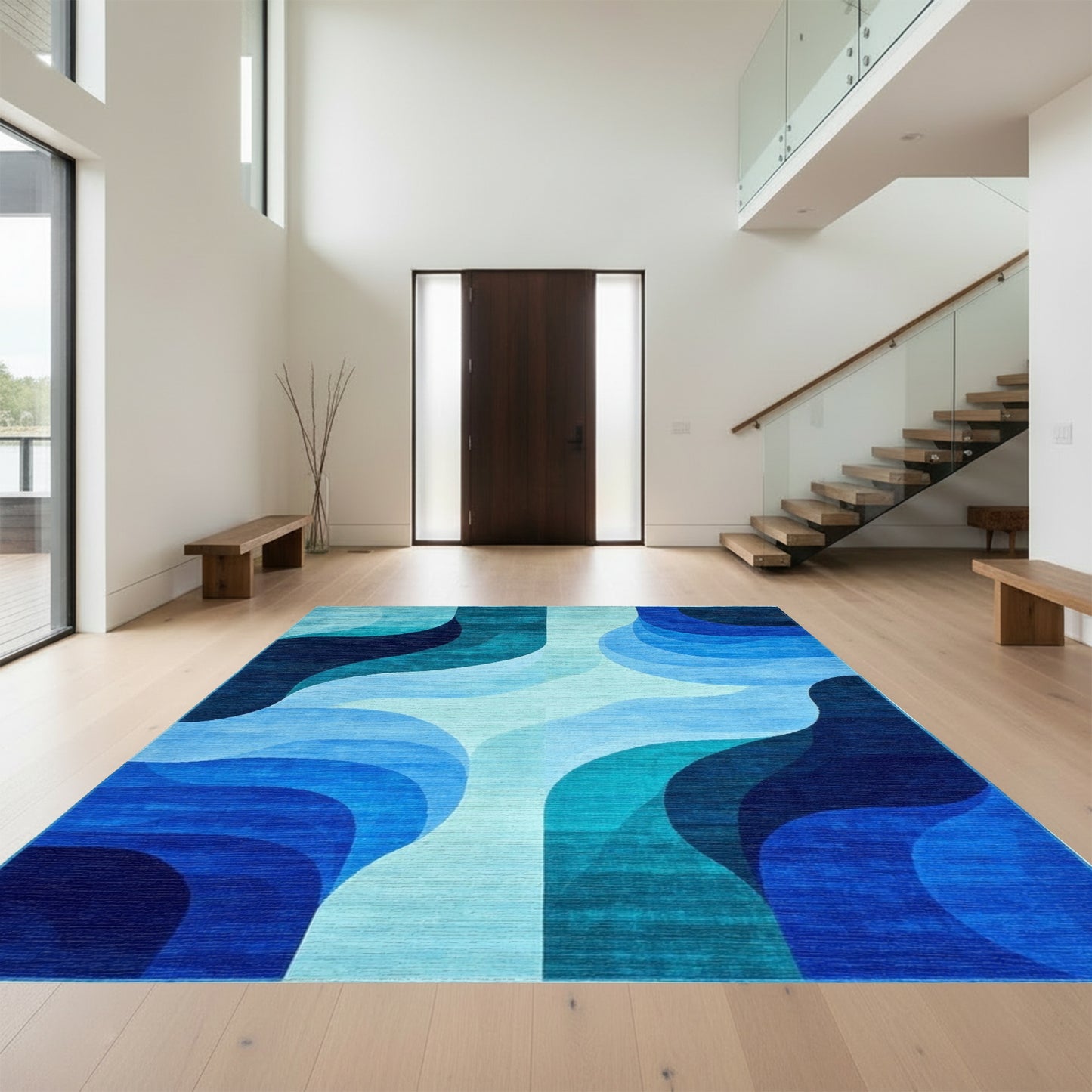 Teal Blue Abstract Wave Rug