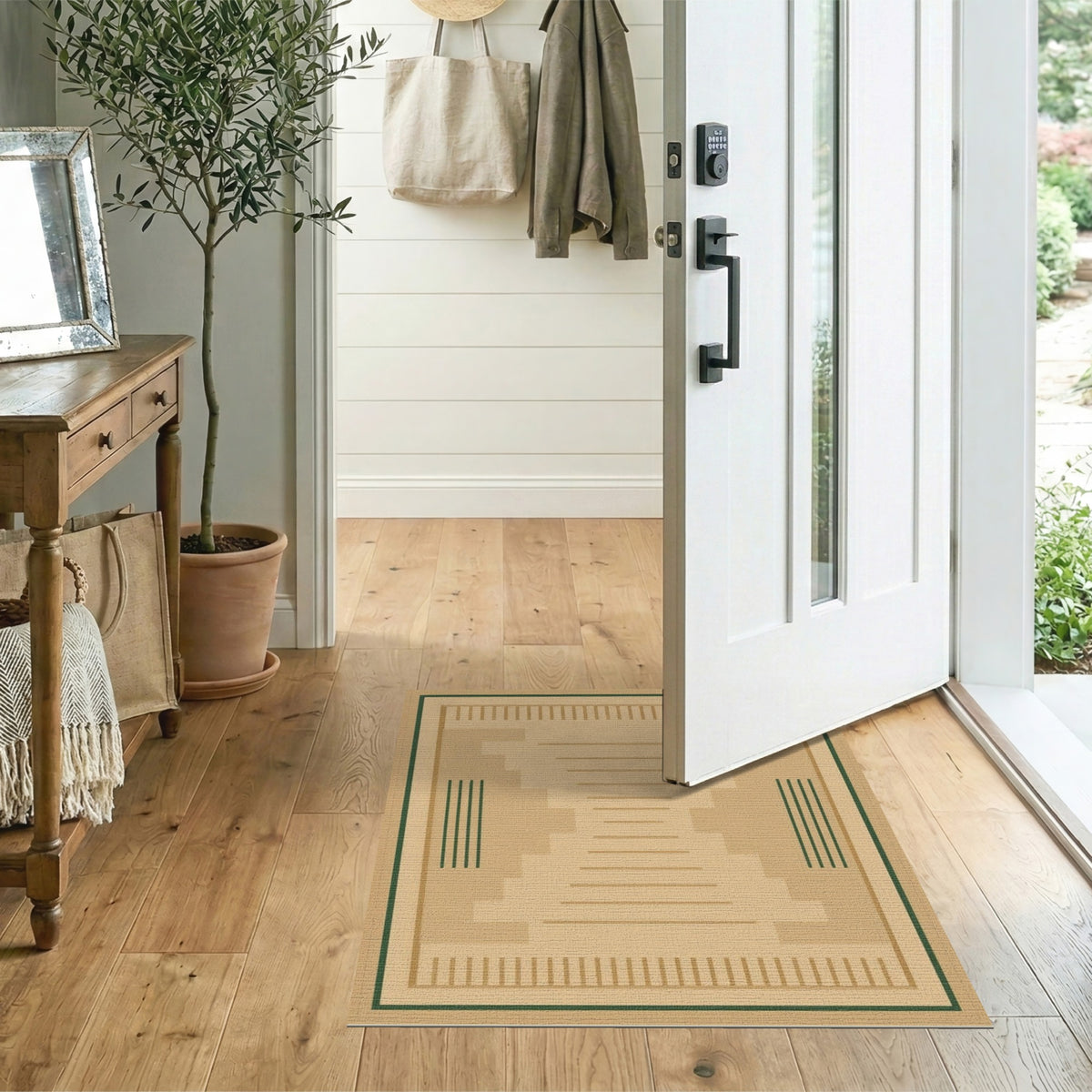 Beige Geometric Area Rug with Step Accents