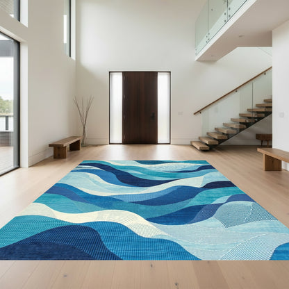Navy Teal Fluid Waves Rug