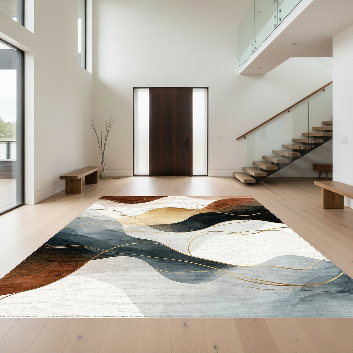 Abstract Gold Wavy Rust Navy Rug