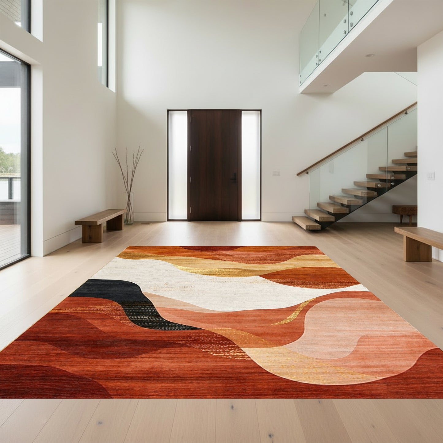 Terracotta Gold Abstract Wave Rug