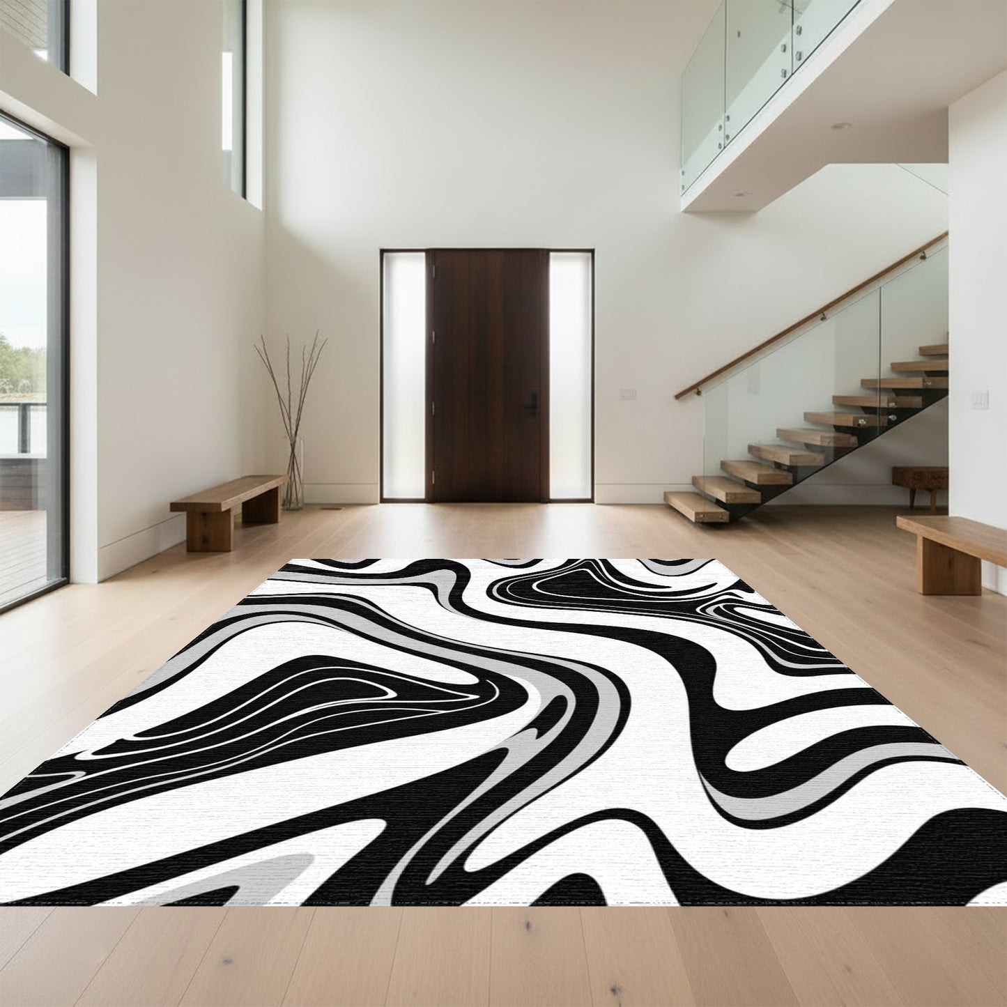 Black Gray Fluid Wave Rug