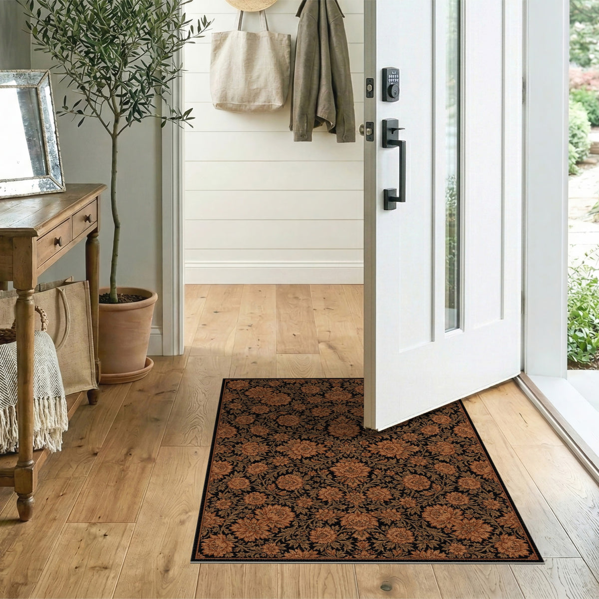 Vintage Orange Floral Area Rug on Black