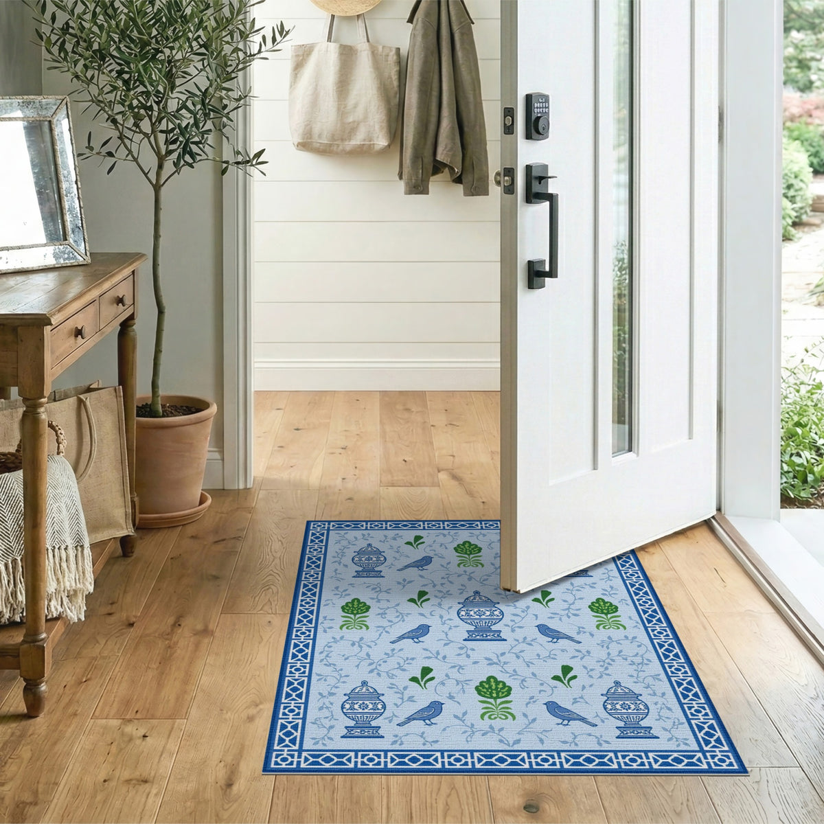 Blue Floral Vintage Area Rug with Urns and Birds