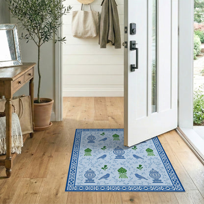 Blue Floral Vintage Area Rug with Urns and Birds