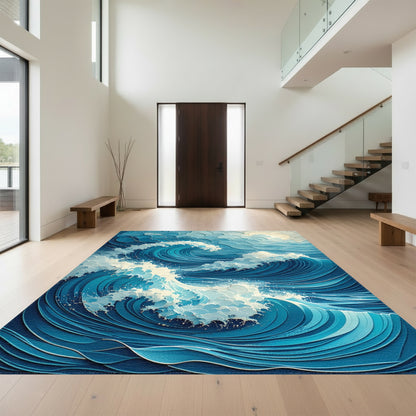 Foamy Layered Blue Waves Rug