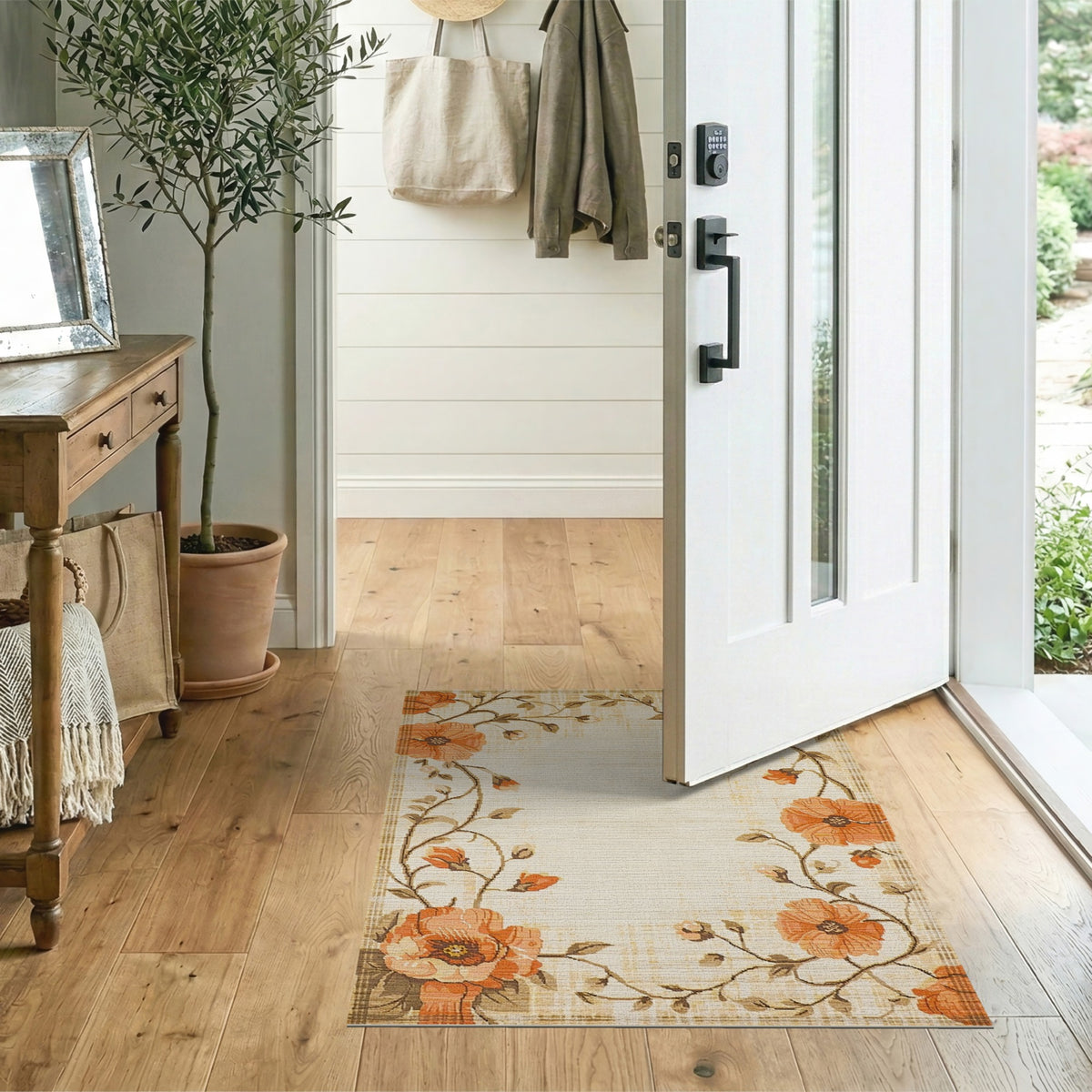 Orange Poppy Floral Vintage Rug
