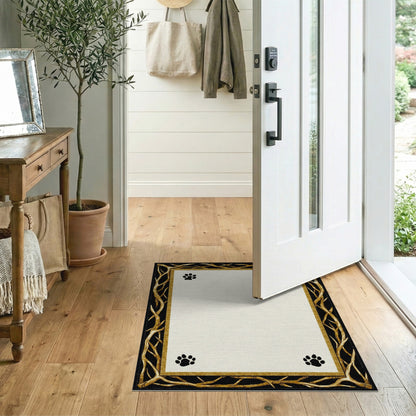 Black Paw Print Gold Branch Area Rug