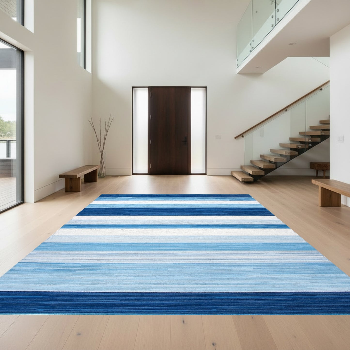 Navy Blue White Striped Rug