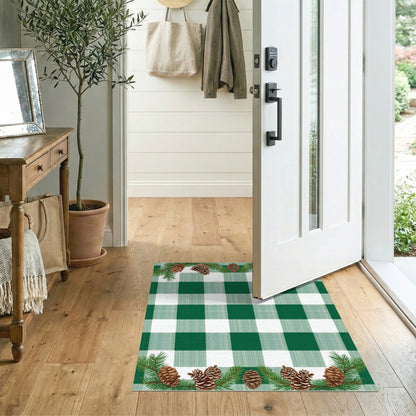 Green Gingham Pinecone Rustic Area Rug