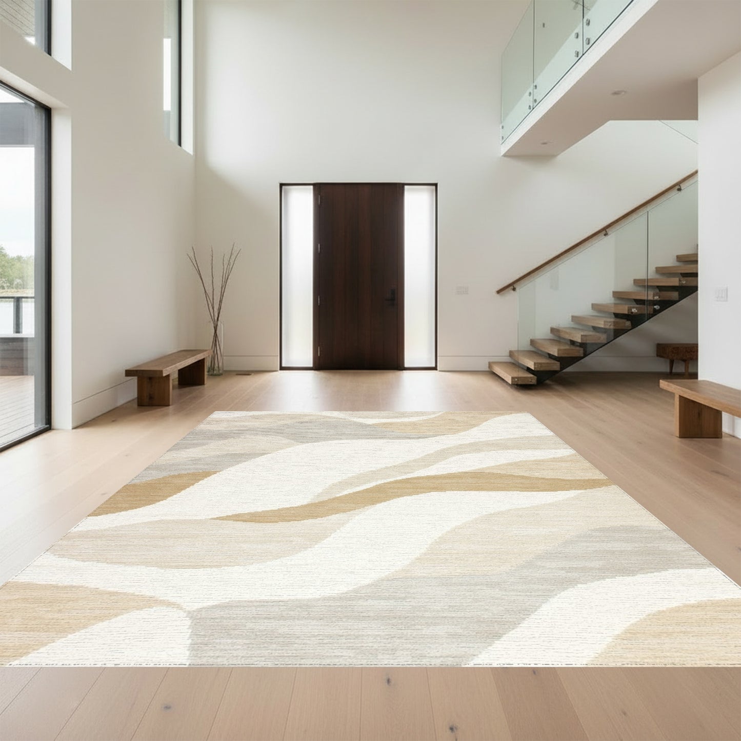 Beige Gray Abstract Wave Rug