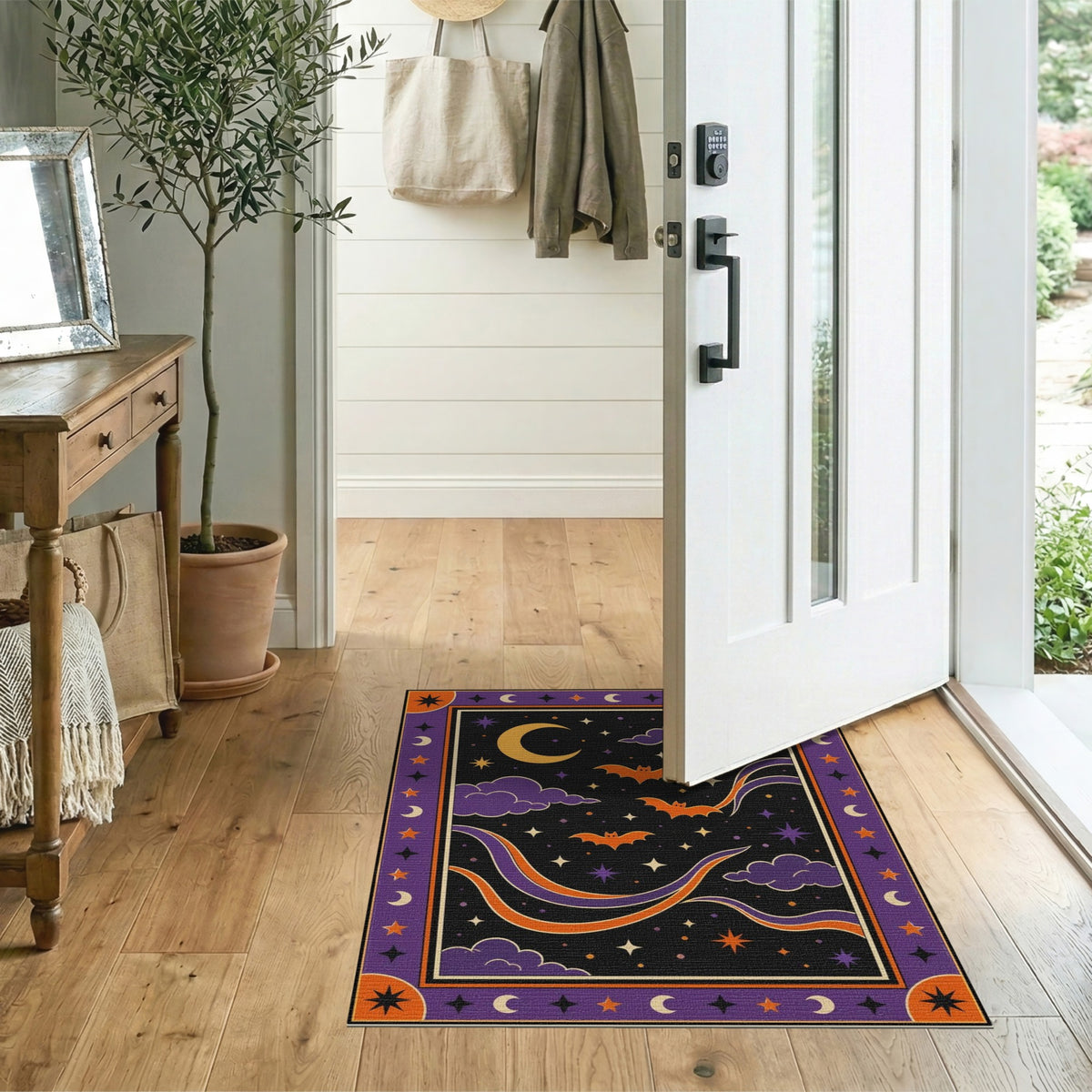 Purple Bats Crescent Moon Kids Area Rug