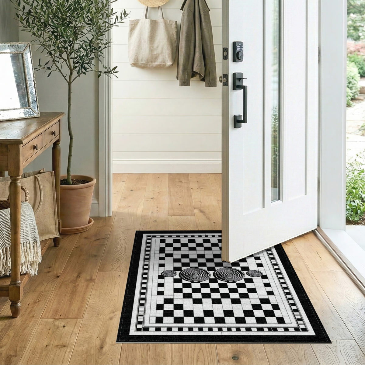 Black White Checkerboard Spiral Area Rug