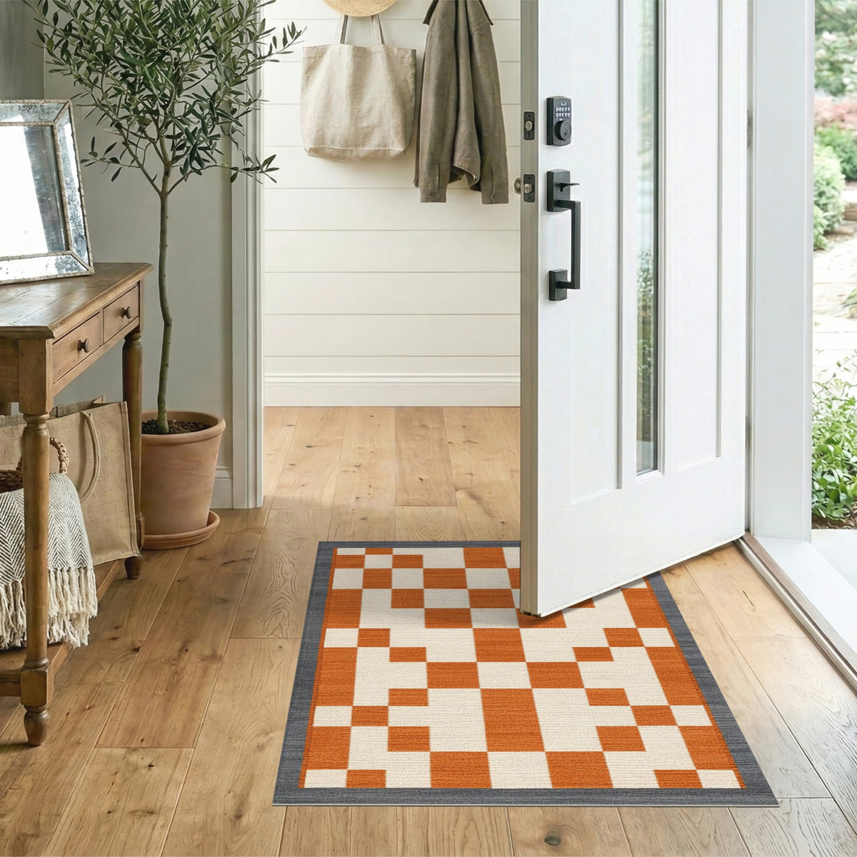 Geometric Modern Orange Geometric Checkered Area Rug