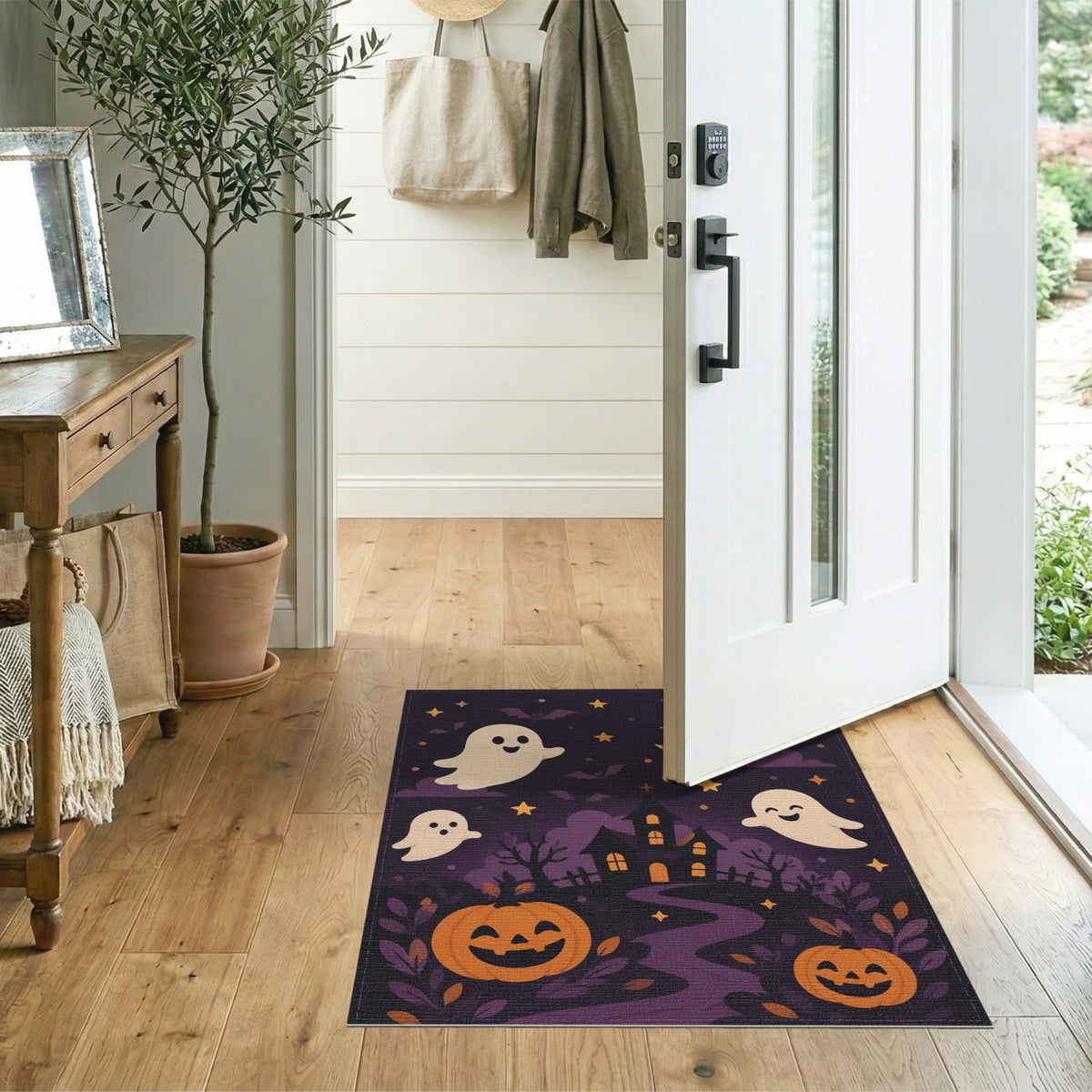 Cute Halloween Ghosts Pumpkins Purple Area Rug