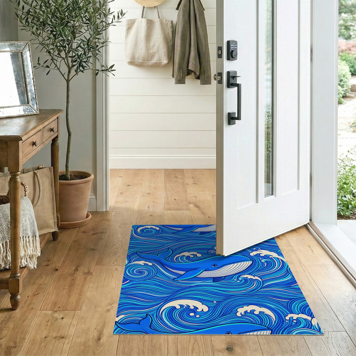Blue Whale Ocean Waves Washable Area Rug