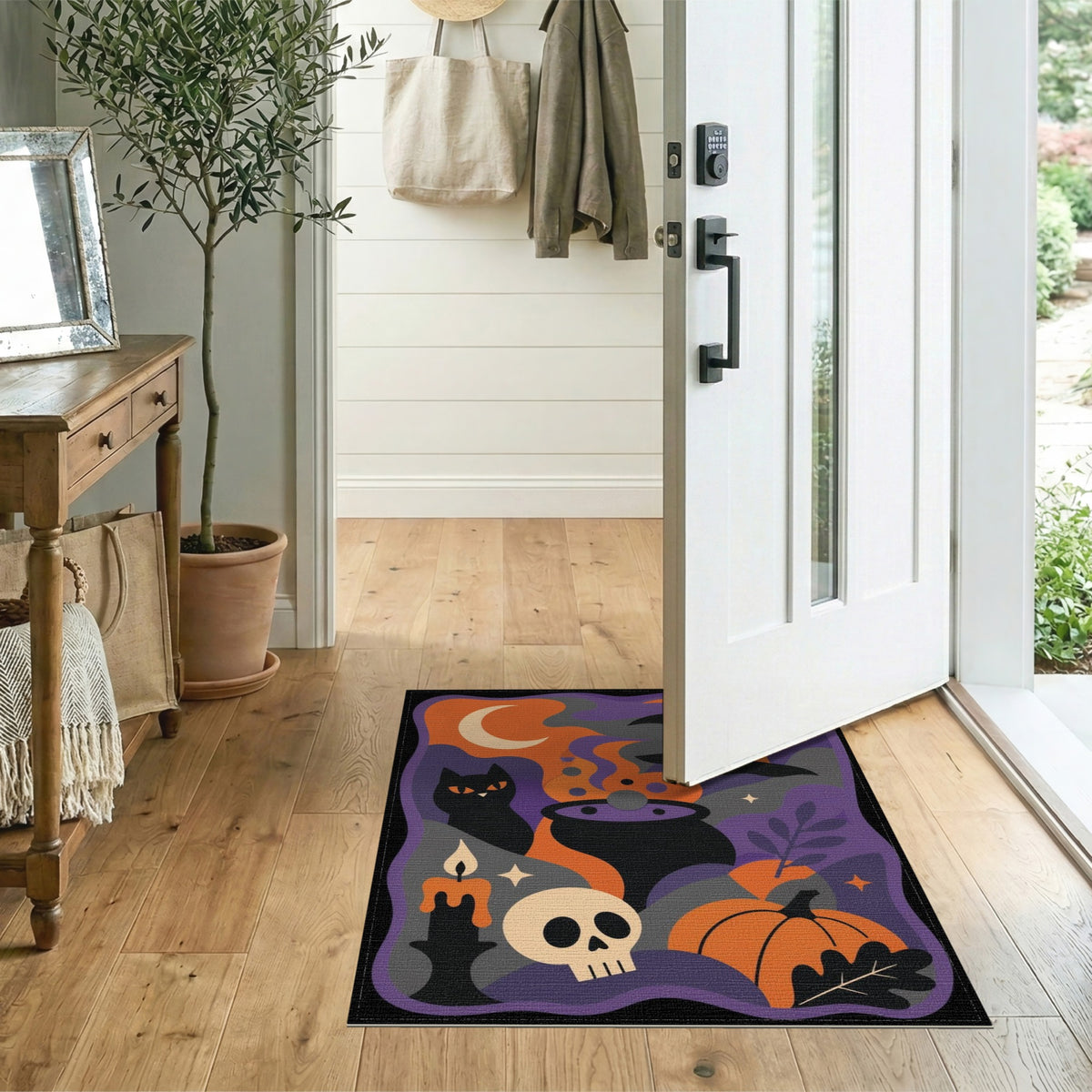 Halloween Witch Cauldron Black Cat Area Rug