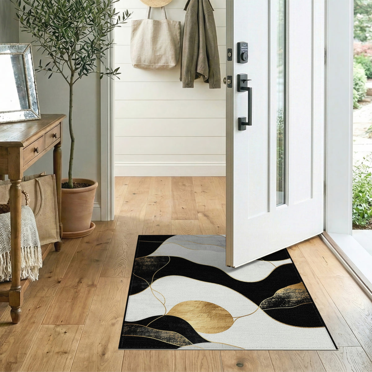 Black White Abstract Gold Wave Area Rug