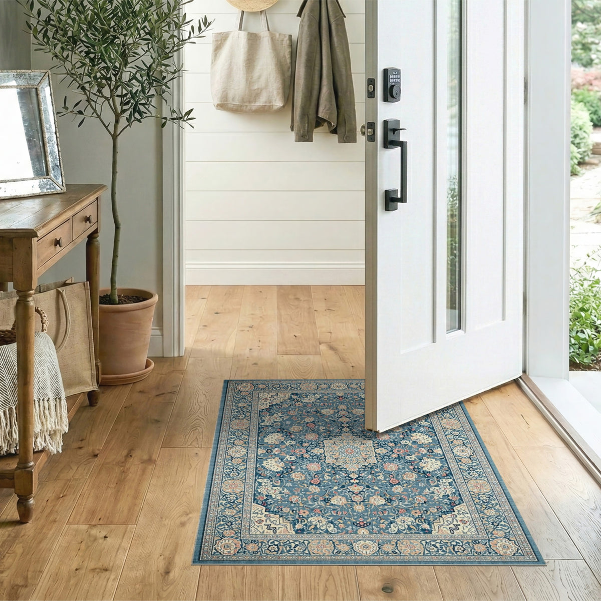 Traditional Persian Blue and Teal Blue Floral Persian Medallion Area Rug