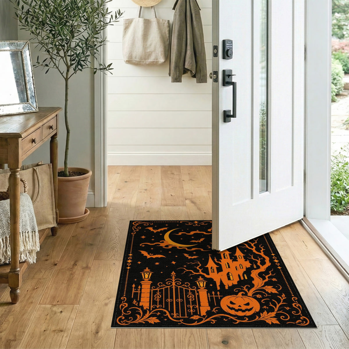 Haunted Castle Halloween Orange Washable Area Rug