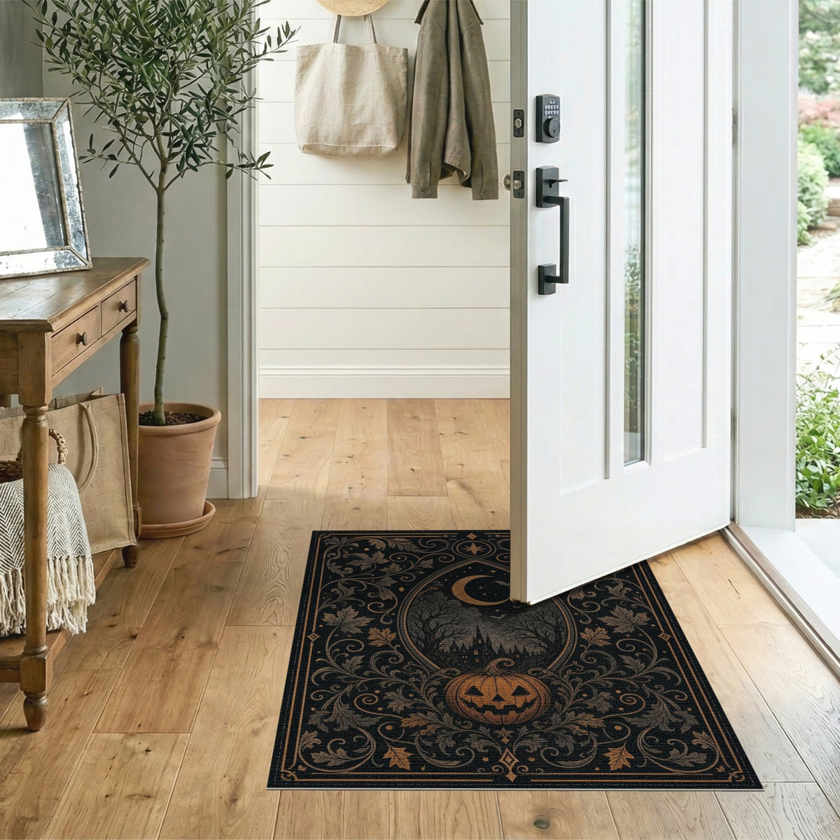 Gold and Silver Spooky Halloween Jack-o'-Lantern Area Rug