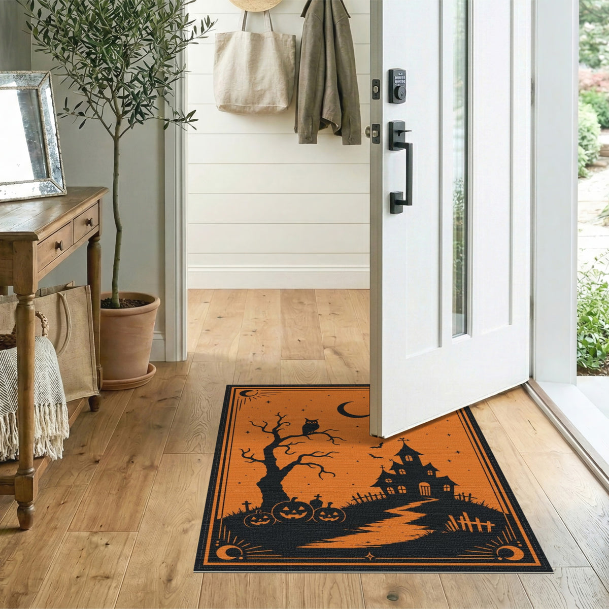 Orange Haunted House Halloween Orange Area Rug