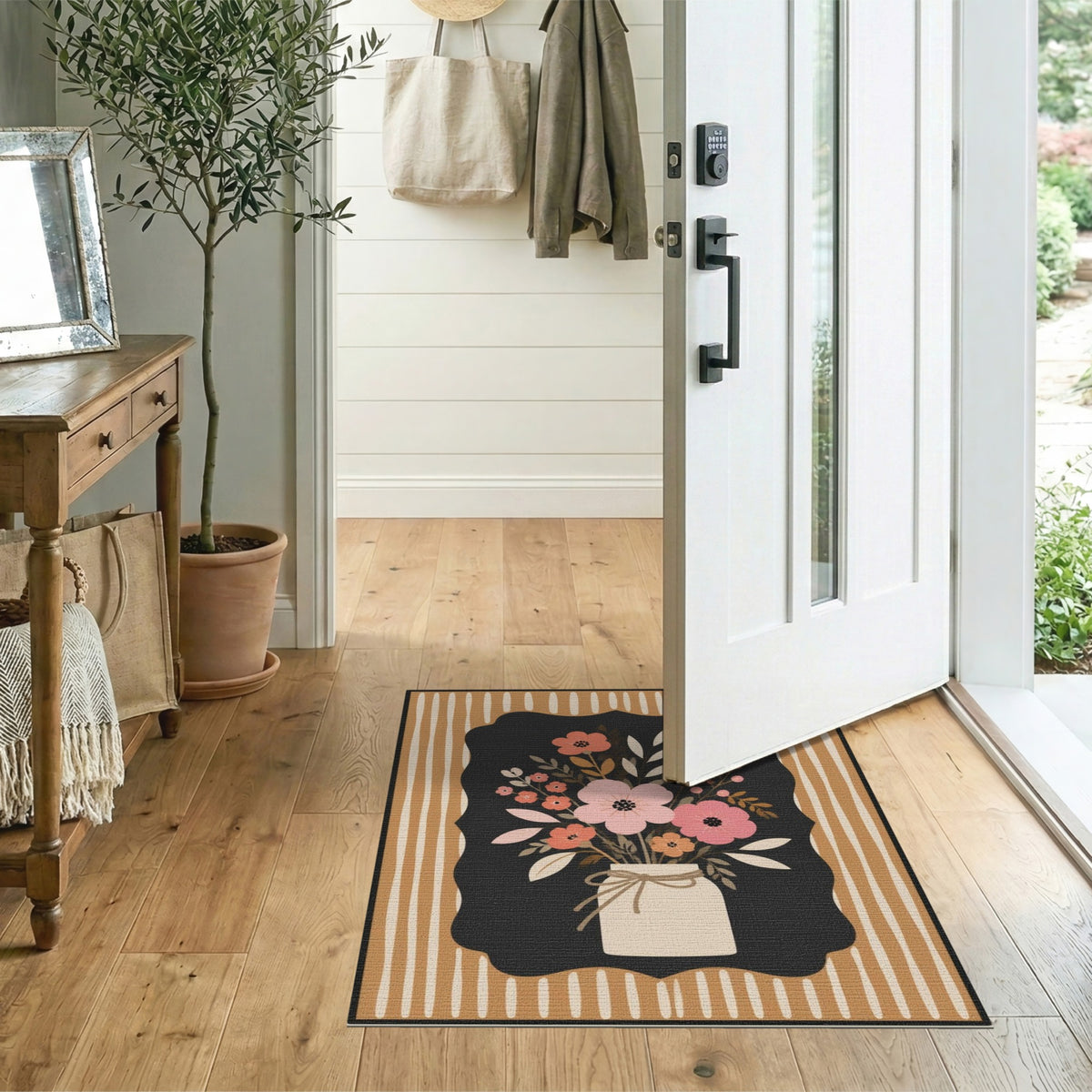 Brown Tan Floral Vase Area Rug